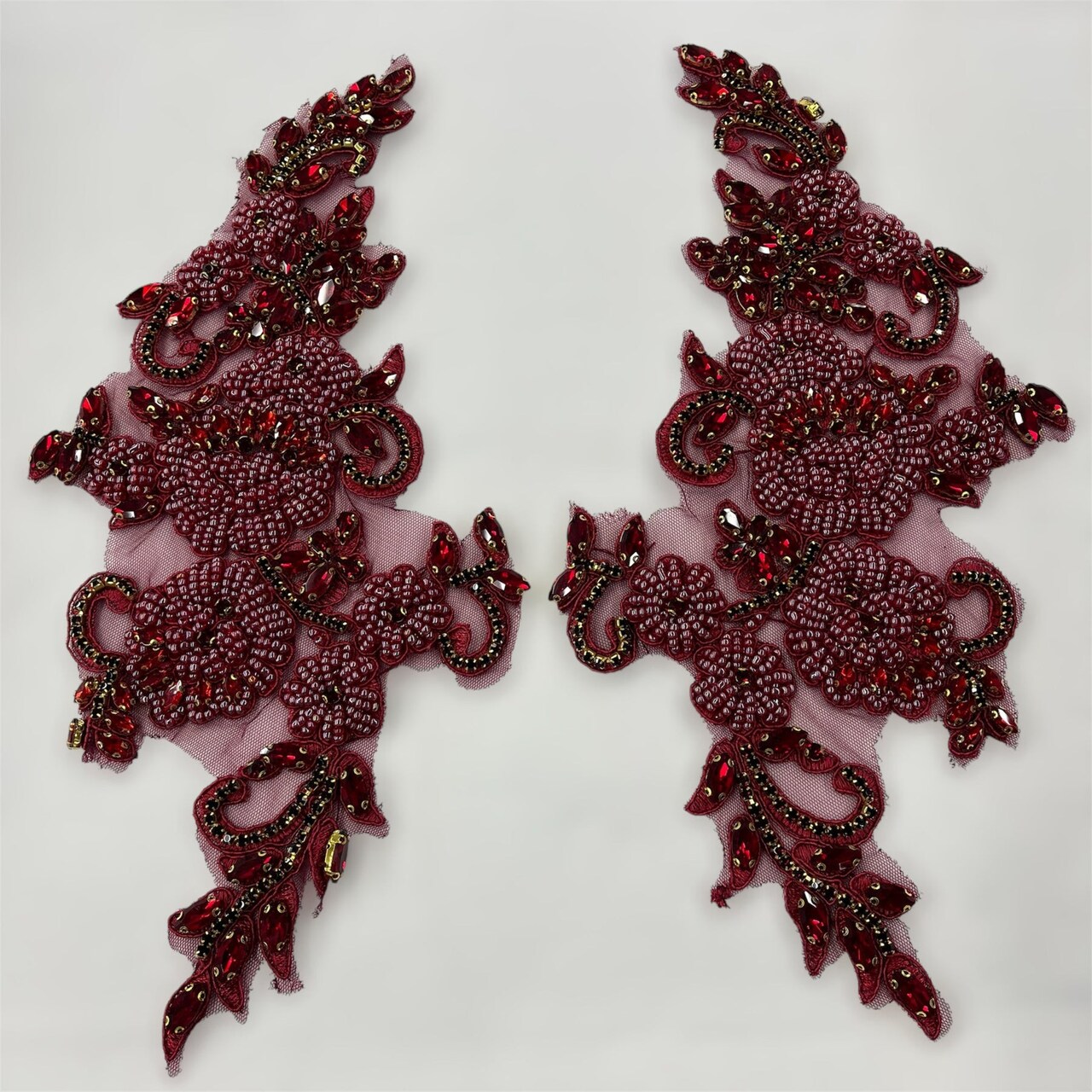 1 Pair Crystal Rhinestone Beaded & Corded Lace 100% Polyester, 12" x 5" Each Side